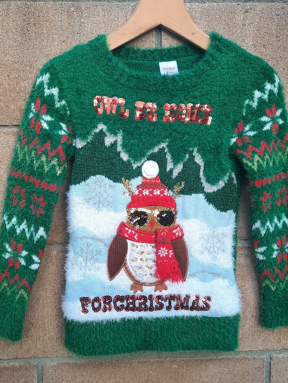 Holiday Time Girls' Owl Be Home For Christmas Ugly Sweater Size XS 4-5 Green